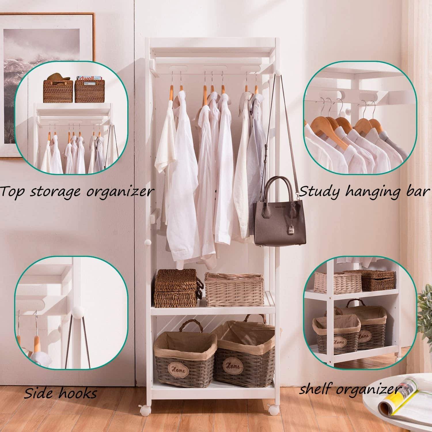 Kitchen free standing armoire wardrobe closet with full length mirror 67 tall wooden closet storage wardrobe with brake wheels hanger rod coat hooks entryway storage shelves organizer ivory white