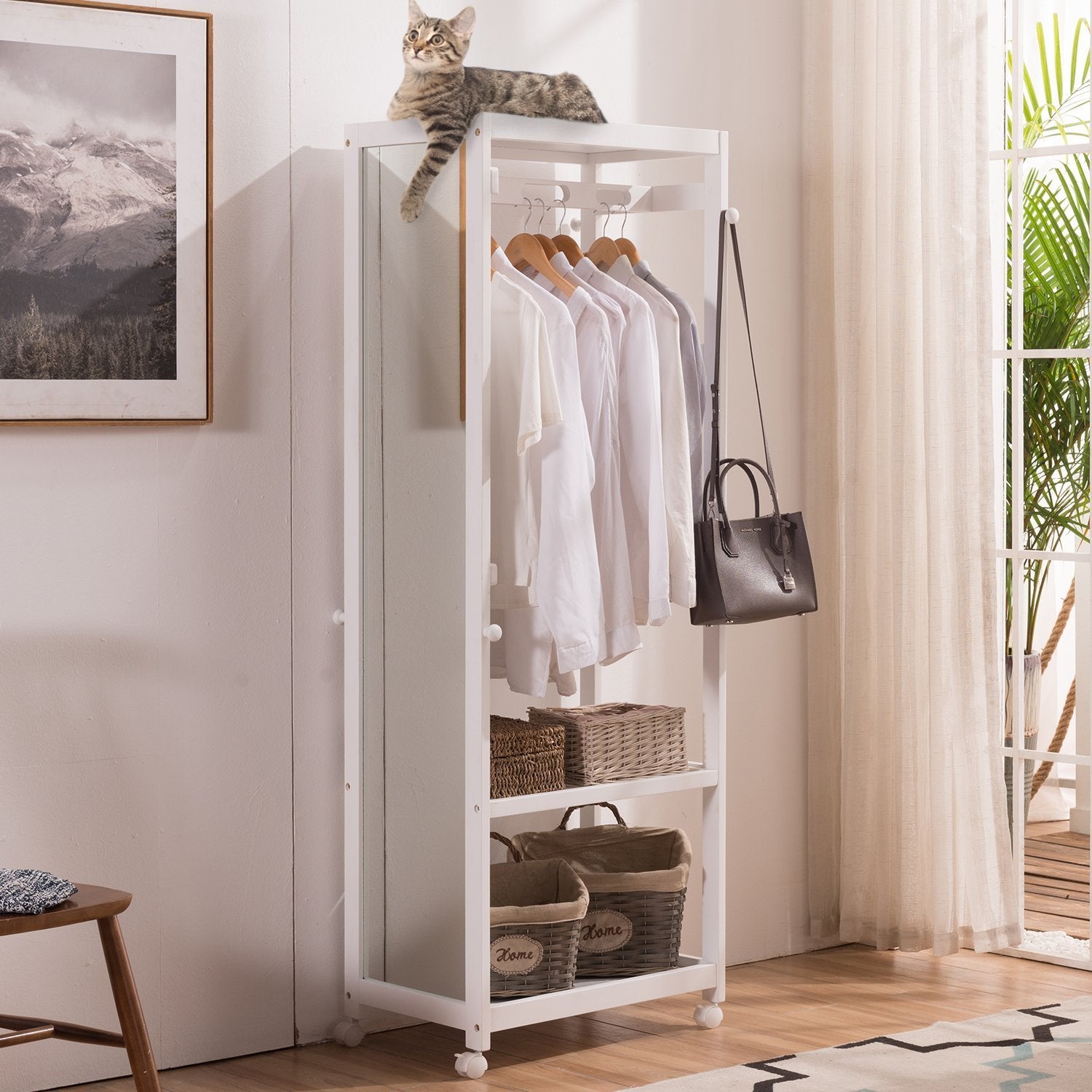 Latest free standing armoire wardrobe closet with full length mirror 67 tall wooden closet storage wardrobe with brake wheels hanger rod coat hooks entryway storage shelves organizer ivory white