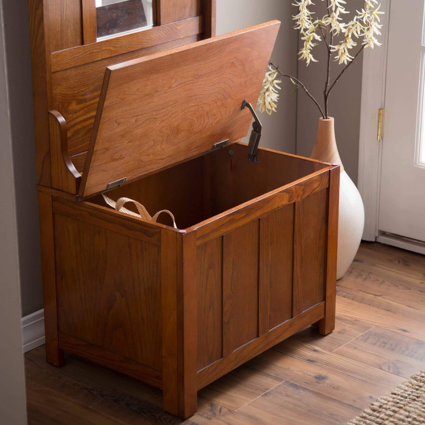 Amazon wooden entryway tall hall tree bench coat and hat rack with mirror in oak finish with 2 double hooks in antique bronze storage bench base and a full length central mirror