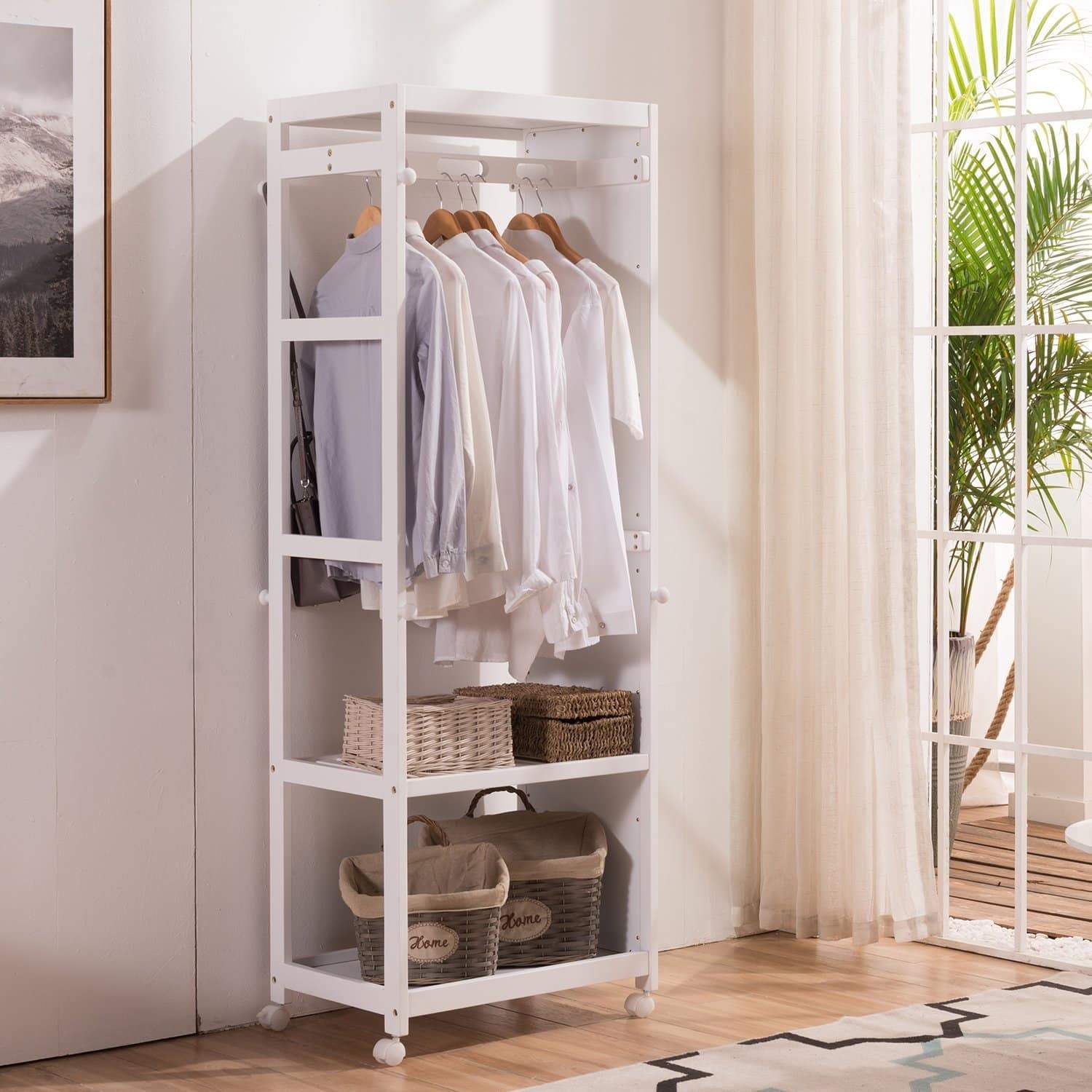 Heavy duty free standing armoire wardrobe closet with full length mirror 67 tall wooden closet storage wardrobe with brake wheels hanger rod coat hooks entryway storage shelves organizer ivory white