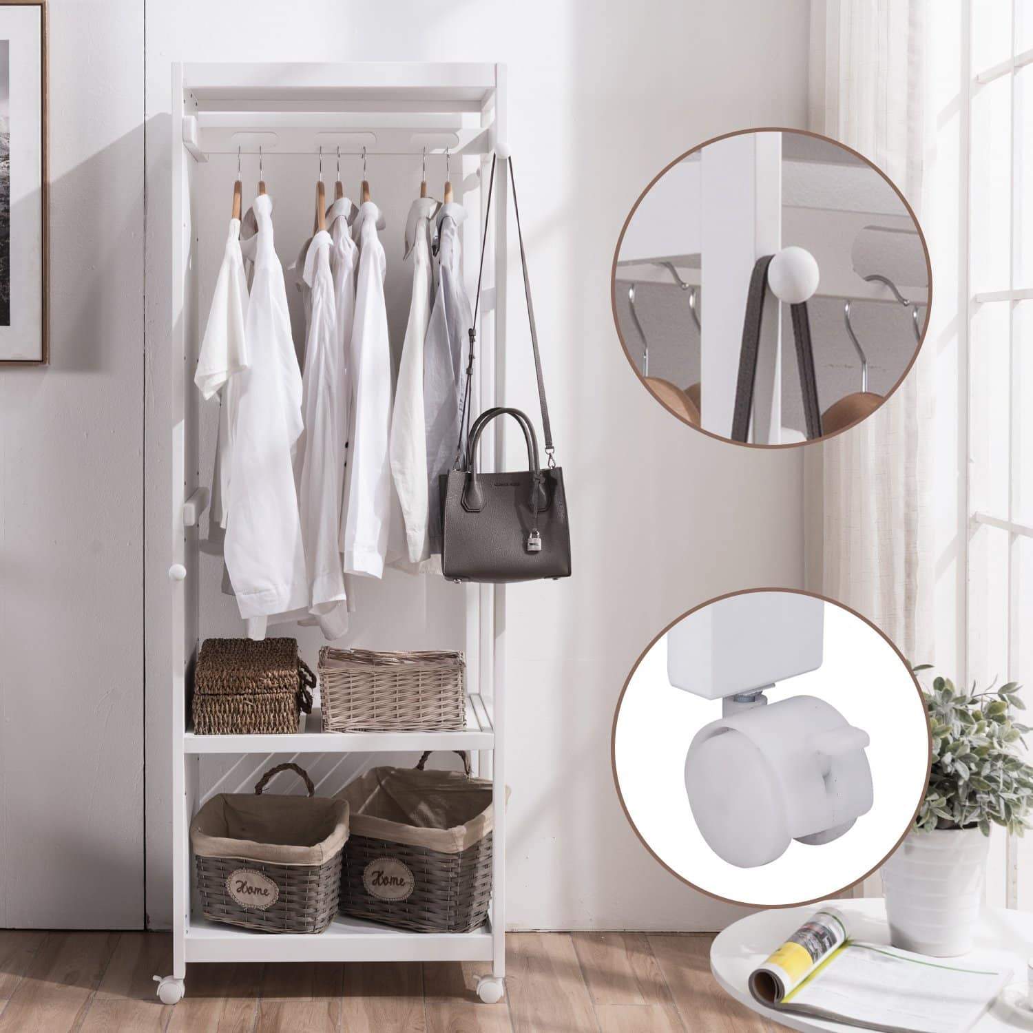 Home free standing armoire wardrobe closet with full length mirror 67 tall wooden closet storage wardrobe with brake wheels hanger rod coat hooks entryway storage shelves organizer ivory white