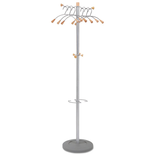 Alba Wavy Coat Tree, Six Hangers/Two Knobs/Four Hooks, 18.88w x 14d x 68.5h, Silver Steel/Wood