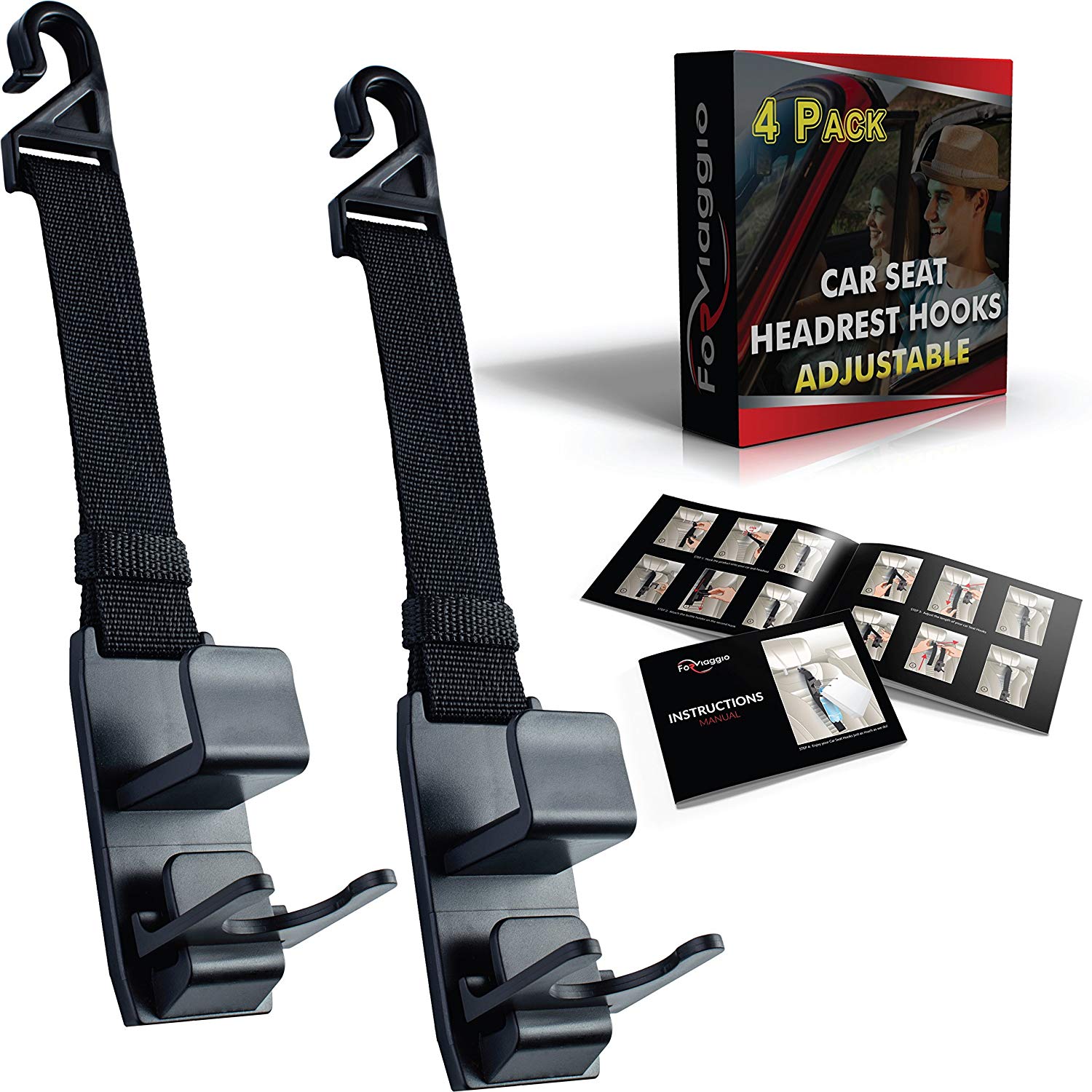 Headrest Hooks for Car | Strong Purse, Handbag, Coat Hanger Holder Hooks with Adjustable Headrest Hook Strap for Storage and Organization (4 Pack) + Bottle Holders
