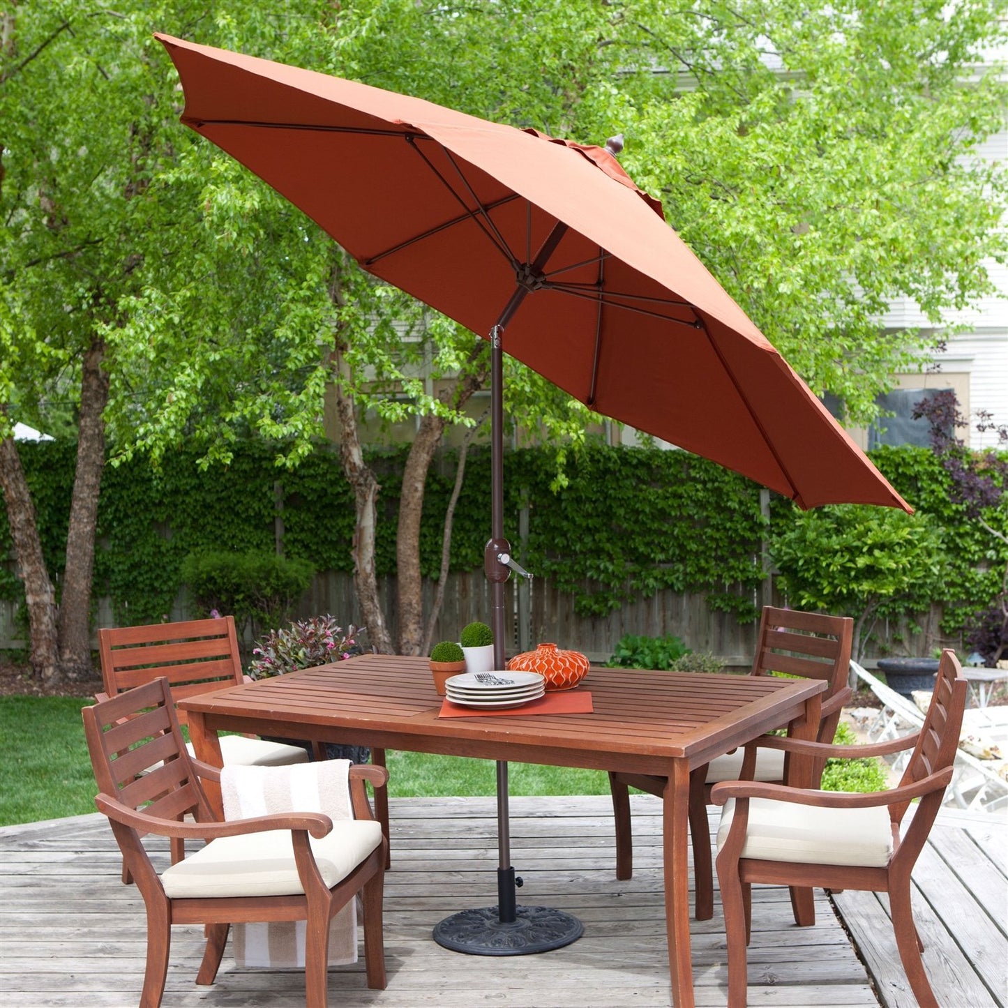 9-Ft Tilt Patio Umbrella with Rust Red Orange Shade and Bronze Finish Pole