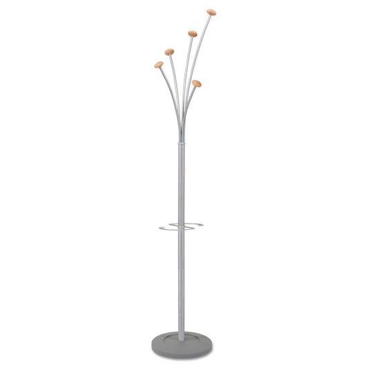 Alba Festival Coat Stand with Umbrella Holder, Five Knobs, 14w x 14d x 73.67h, Silver Gray