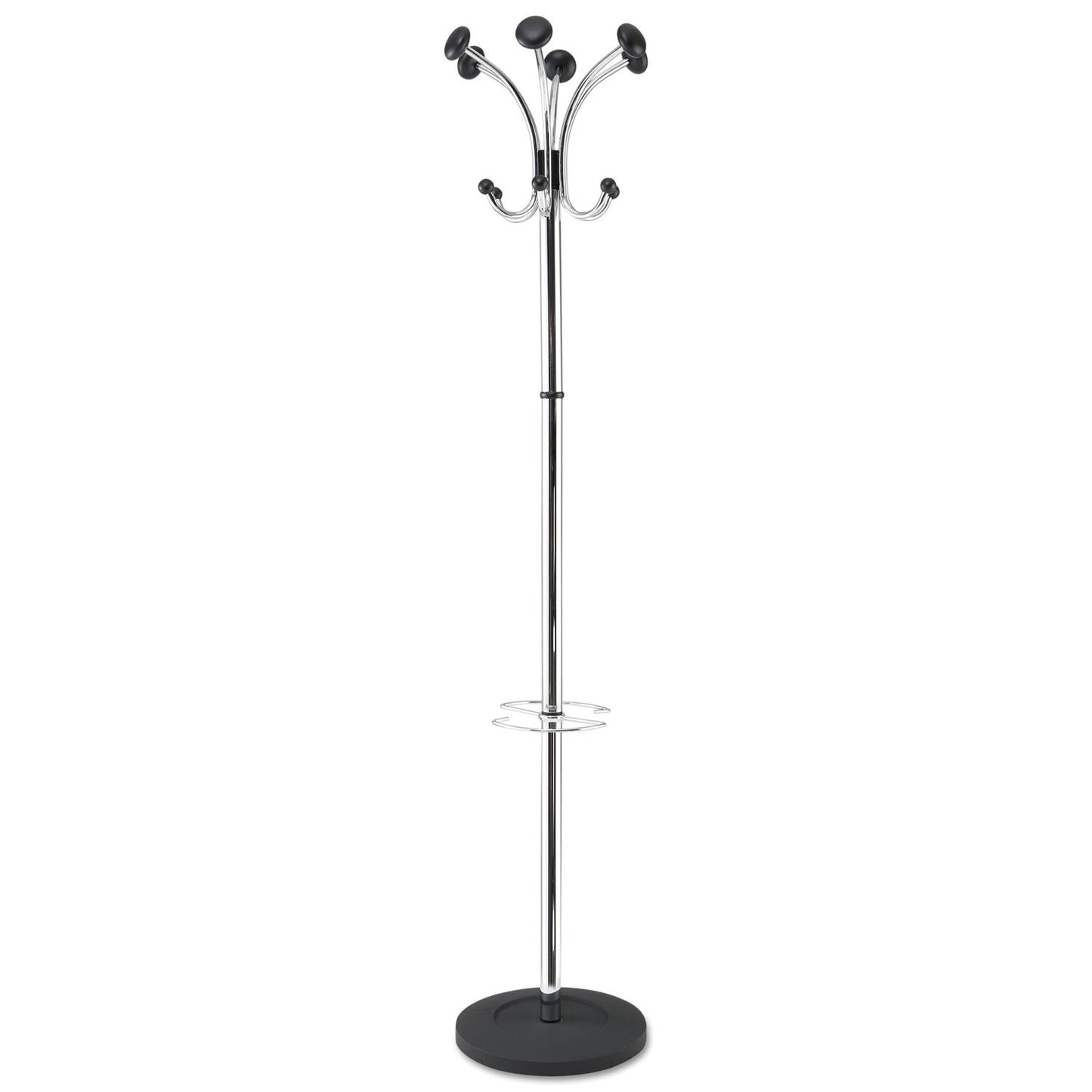 Alba Chromy Coat Stand, 12 Knobs, 16w x 16d x 70.5h, Chrome/Black