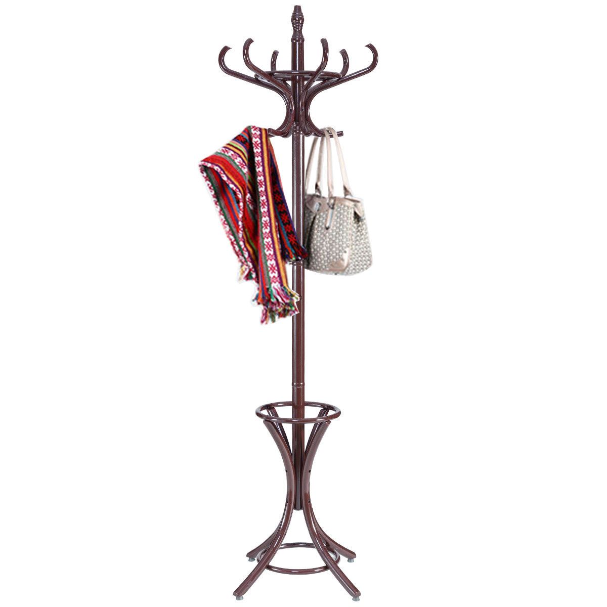 Wood Standing Hat Coat Rack w/ Umbrella Stand-Brown